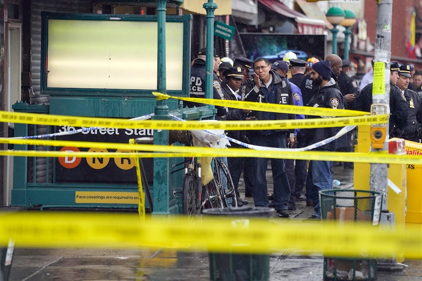 Strips of yellow police tape on a Brooklyn street 