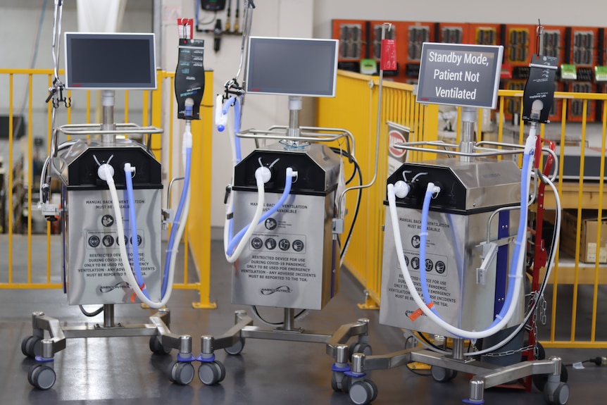 A row of Ampcontrol ventilators sit at the company's Hunter Valley factory.