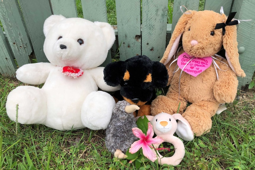 A teddy bear a stuffed bunny rabbit and a few other stuffed animals with cards sit along a fence