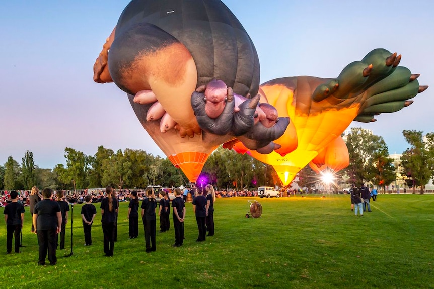 A dozen young people dressed in black stand on an oval with huge sculptural hot air balloons, the Skywhales, behind them.