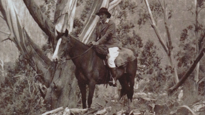 A black and white photograph of a woman on a horse in the high country.