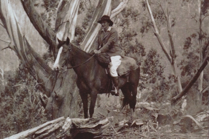 A black and white photograph of a woman on a horse in the high country.