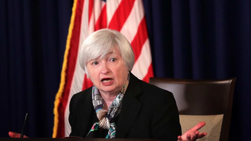 Federal Reserve Board Chair Janet Yellen speaks at a quarterly news conference.