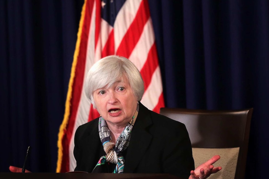 Federal Reserve Board Chair Janet Yellen speaks at a quarterly news conference.