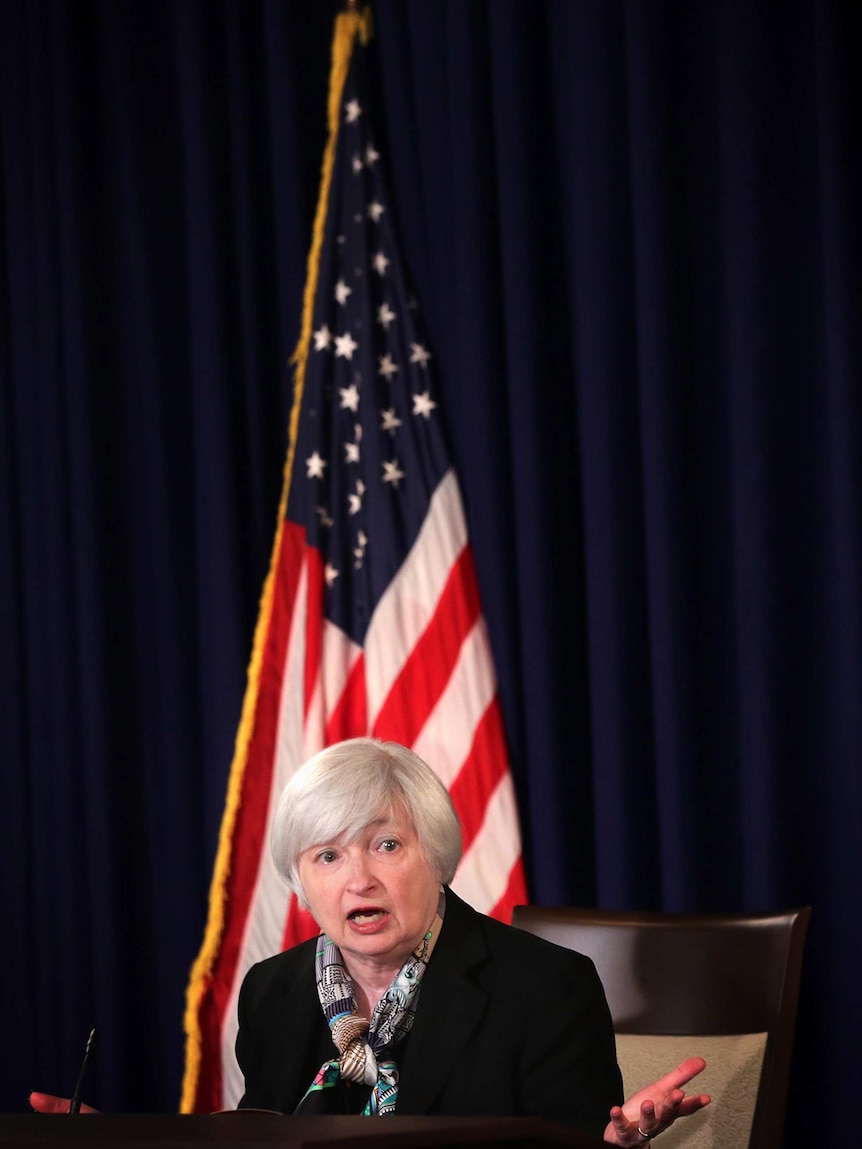 Federal Reserve Board Chair Janet Yellen speaks at a quarterly news conference.