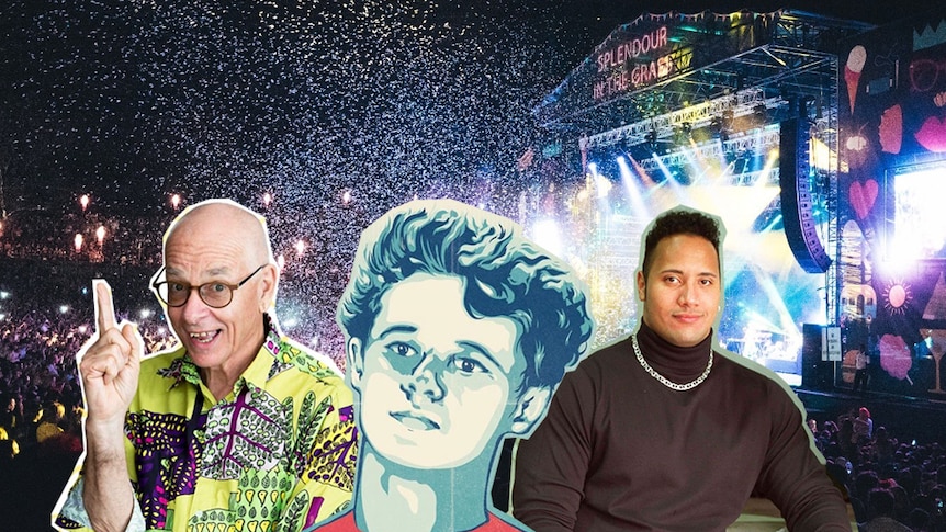 A collage of Dr. Karl, Eggboy art, and '90s pic of The Rock over Splendour In The Grass main stage