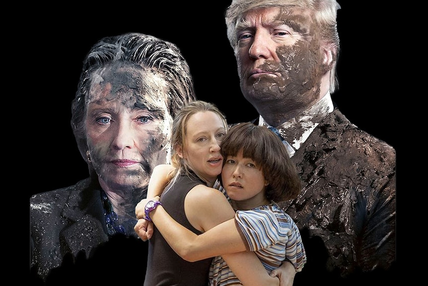 A TV still from PEN15, where two women hug each other. They're imposed in front of mud-covered Hillary Clinton and Donald Trump