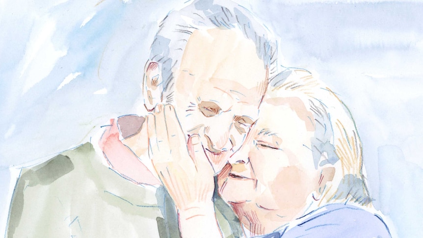 Illustration of an elderly couple standing together, with the woman holding her hand across the man's cheek.