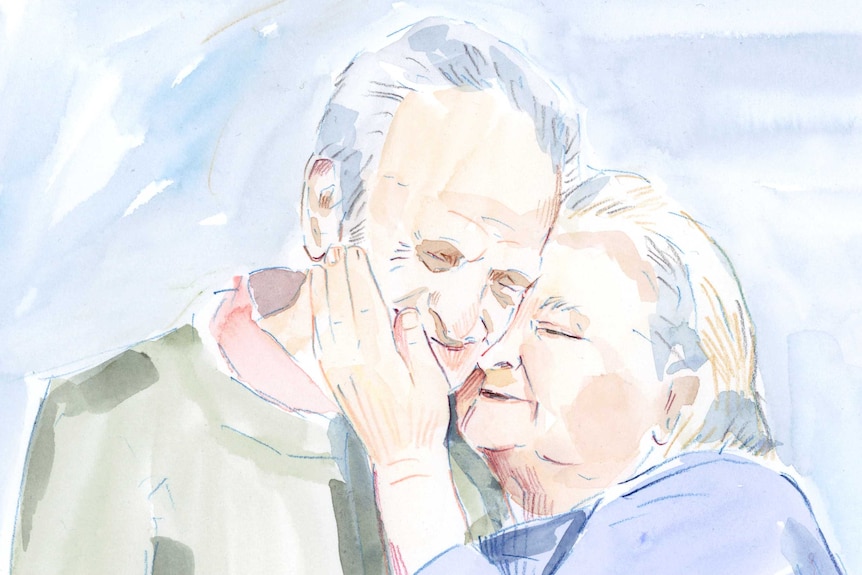 Illustration of an elderly couple standing together, with the woman holding her hand across the man's cheek.