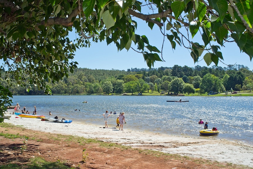 Families standing near and in the blue waters of Lake Canobolas, showing the beauty of rural New South Wales.