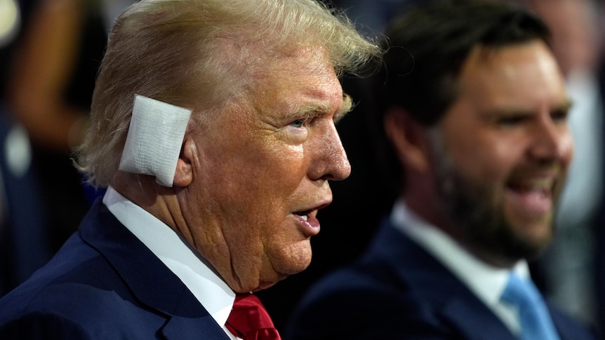 Trump with a bandage over his ear in a suit.