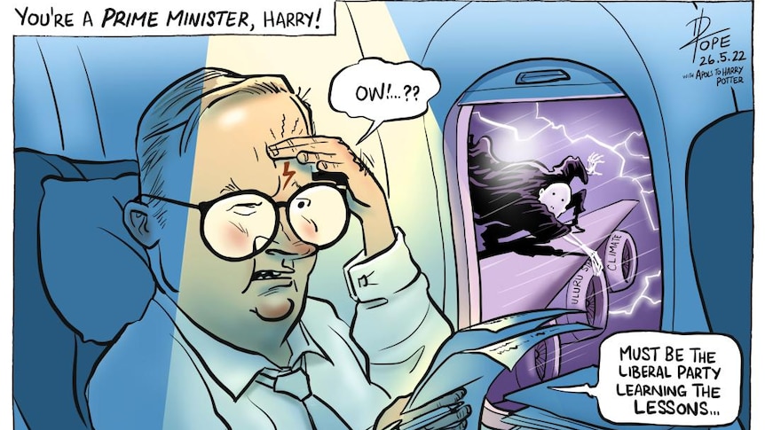 Prime Minister Anthony Albanese depicted as Harry Potter in an airplane with Opposition Leader Peter Dutton as Voldemort.