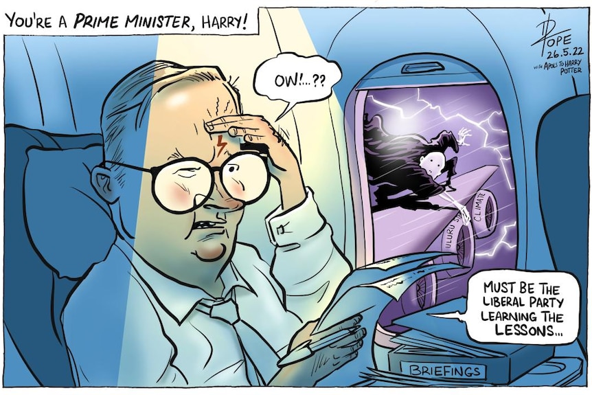 Prime Minister Anthony Albanese depicted as Harry Potter in an airplane with Opposition Leader Peter Dutton as Voldemort.