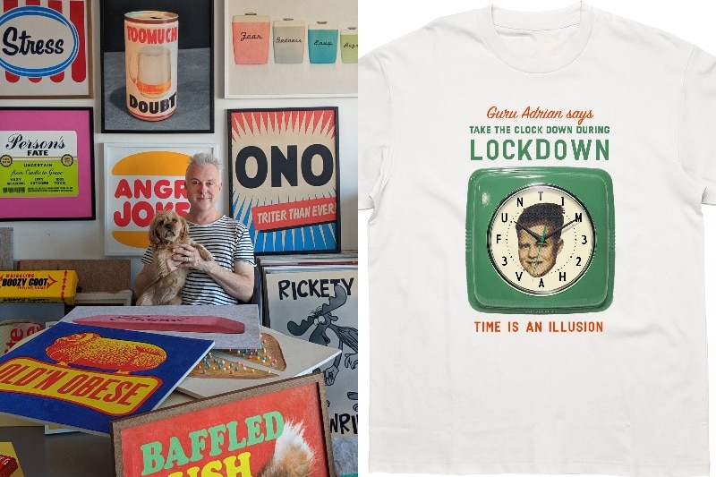 David Art Wales in his studio surrounded by advertising material and a picture of the t-shirt design.