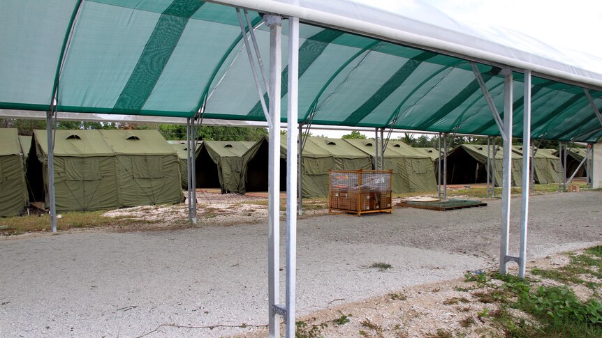 Tents and dining hall on Nauru.