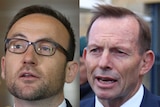 Two close-up images stitched together, showing Adam Bandt and Tony Abbott's faces.