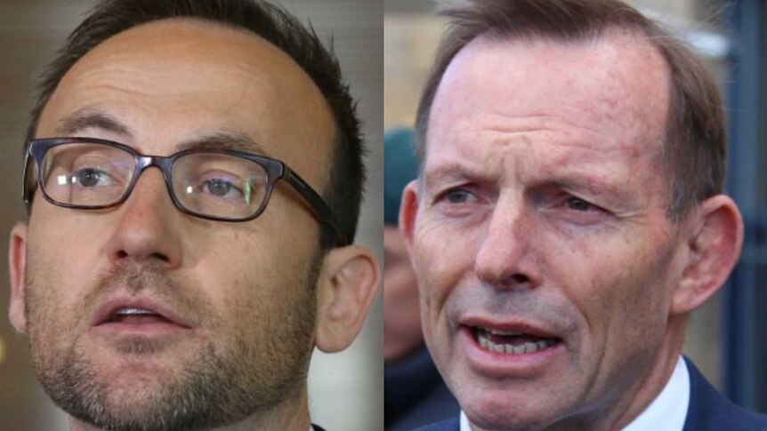 Two close-up images stitched together, showing Adam Bandt and Tony Abbott's faces.