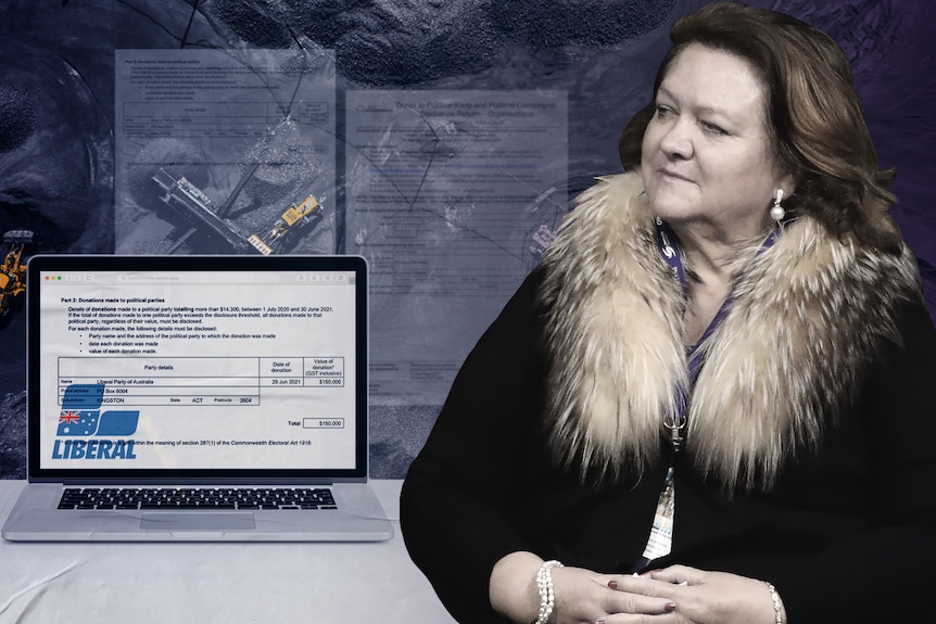 A composite image of Gina Rinehart with documents relating to a political donation.