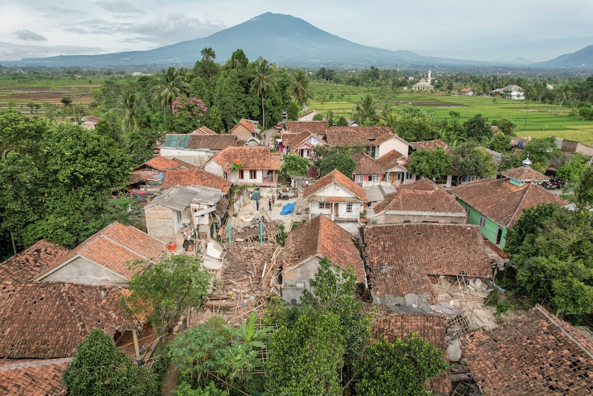 An aerial view of collapsed houses after an earthquake in Cianjur.
