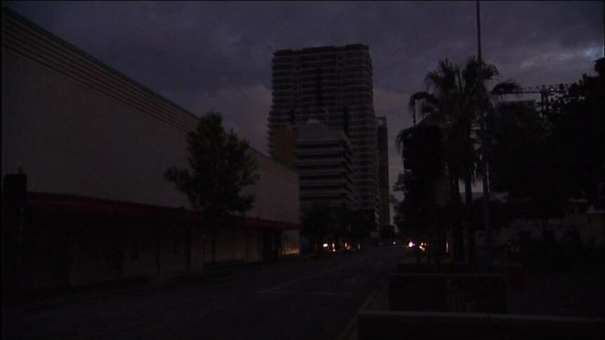 Darkened streets in the Darwin CBD during a blackout across the city.