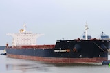 An large ship towed by a tug boat.