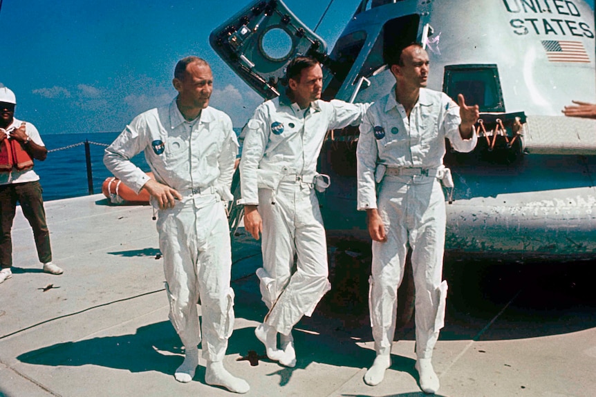 Collins (right) piloted the ship from which Armstrong and Aldrin left to make their historic first steps on the moon in 1969.