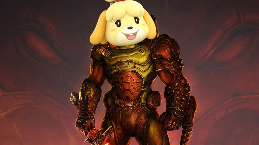 A visual mash-up of Isabelle from Animal Crossing on the head of 'Doom Guy' from Doom Eternal