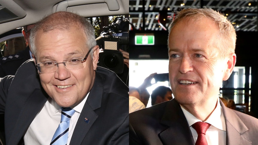 a composite image of Scott Morrison getting out of a care and Bill Shorten shaking hands