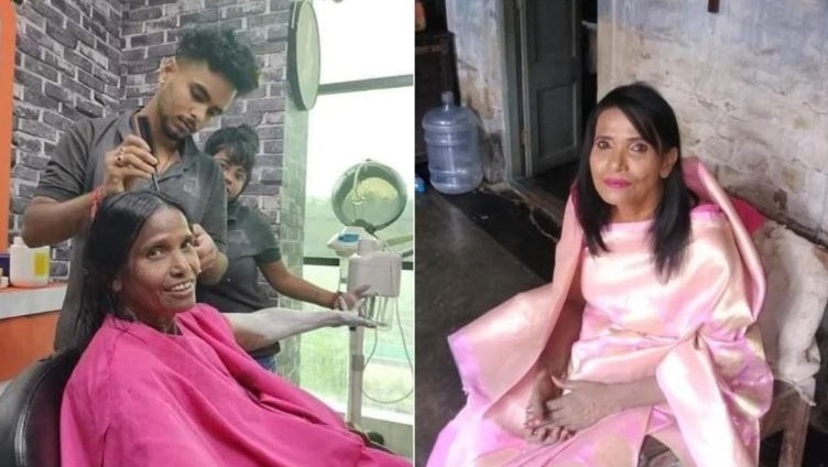 A composite photo with one showing a woman getting her hair done, the other showing with make up on and a pink saree