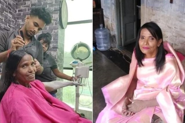 A composite photo with one showing a woman getting her hair done, the other showing with make up on and a pink saree