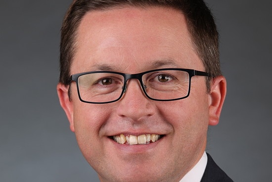 Victorian MP Anthony Carbines, a man with brown hair and glasses, smiles for his parliamentary portrait.