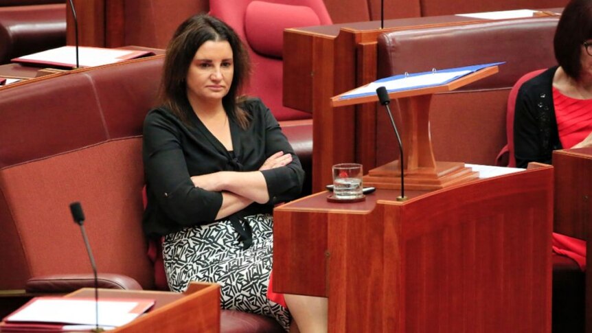 Jacqui Lambie sitting with her arms crossed in the Senate.
