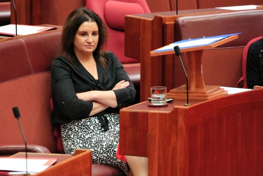 Jacqui Lambie sitting with her arms crossed in the Senate.