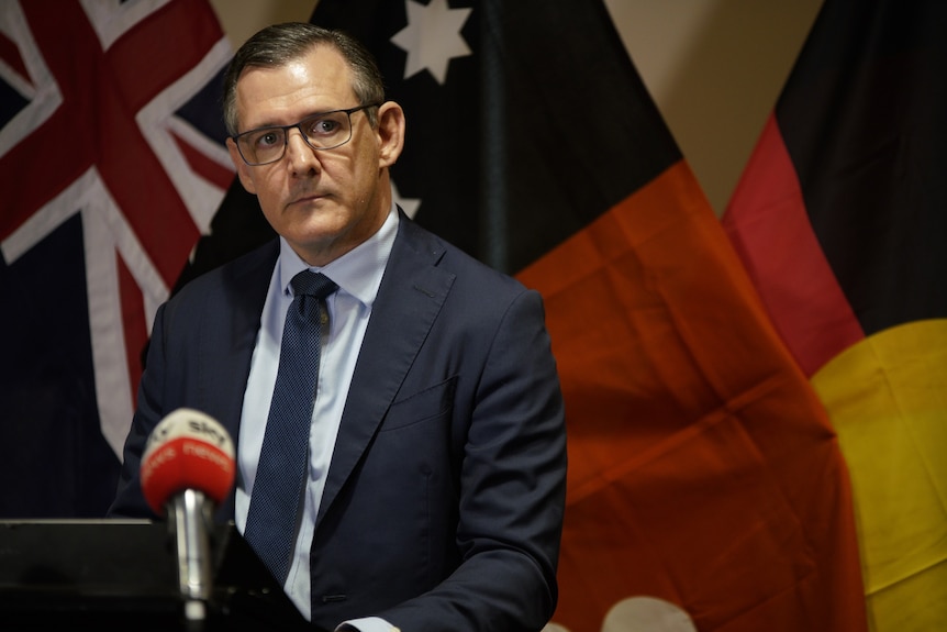 Michael Gunner looks across the camera while standing at a lectern in front of an Australian flag.