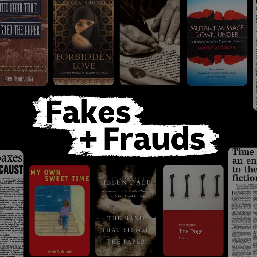 Tile incorporates book covers and newspaper clippings and reads Fakes and Frauds
