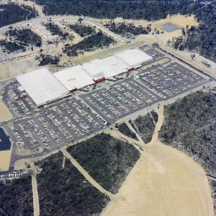 Mirrabooka Square from the air on opening day, surrounded by bushland