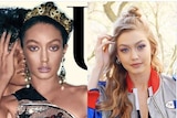 A custom image showing Hadid in darkened skin (left) and blonde hair and fair skin (right).