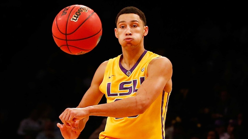 Ben Simmons passes ball for LSU against North Carolina in Brooklyn, New York on November 24, 2015.