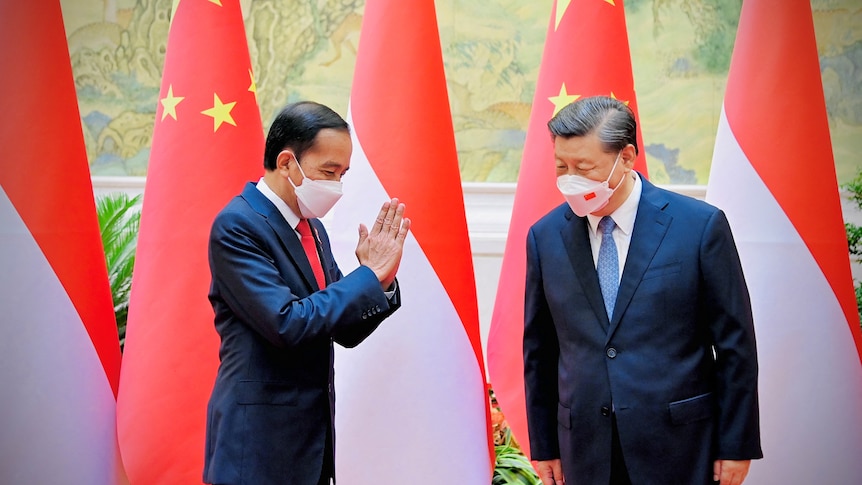 Indonesia's President Joko Widodo greets Chinese President Xi Jinping