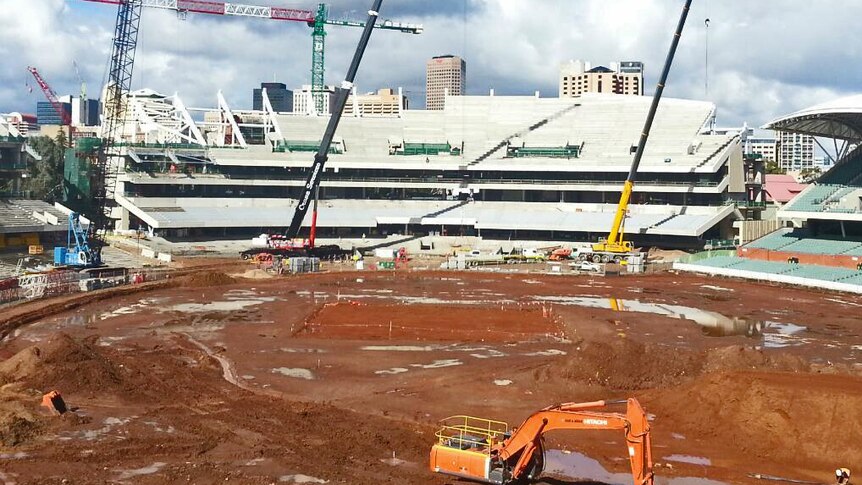 Plenty of mud as work continues to redevelop Adelaide Oval for AFL and Test cricket.