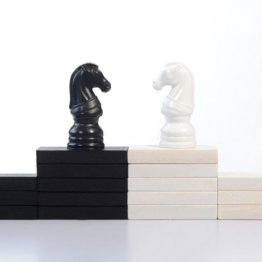 Black and white chess knight pieces facing each other