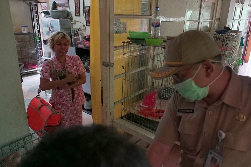 A woman wearing Hello Kitty pyjamas cries in a doorway while city vets inspect her cats.