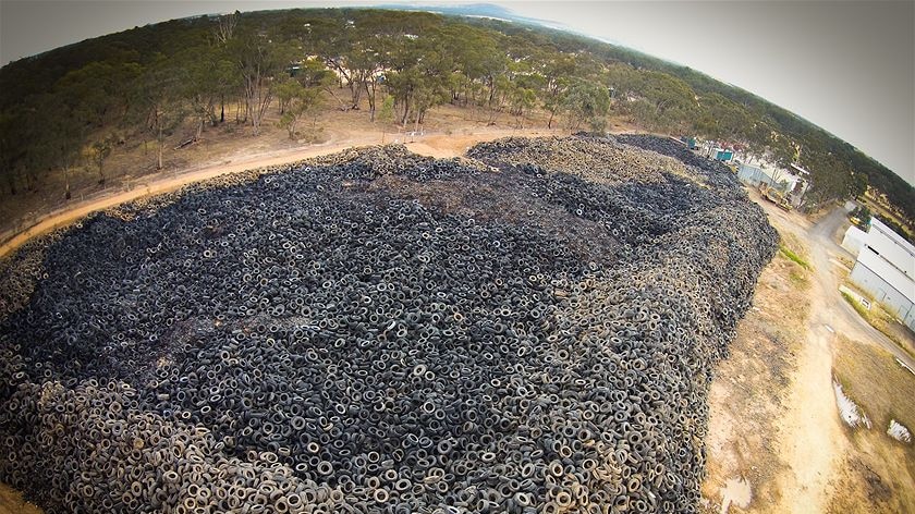 Aerial photo of a massive dump of tyres at Stawell