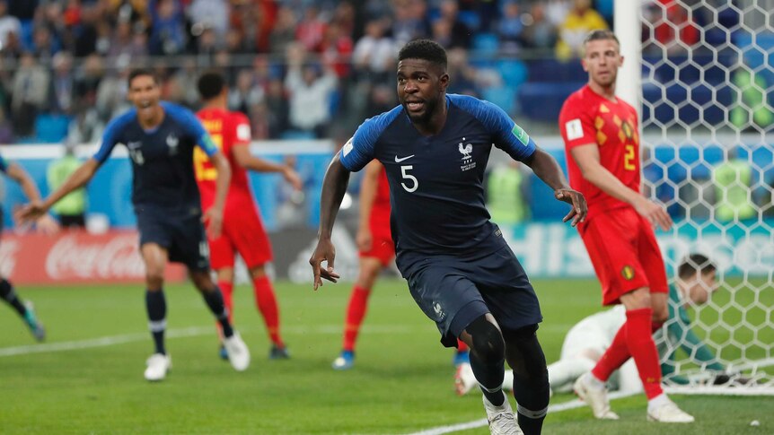 Samuel Umtiti celebrates France's goal against Belgium
