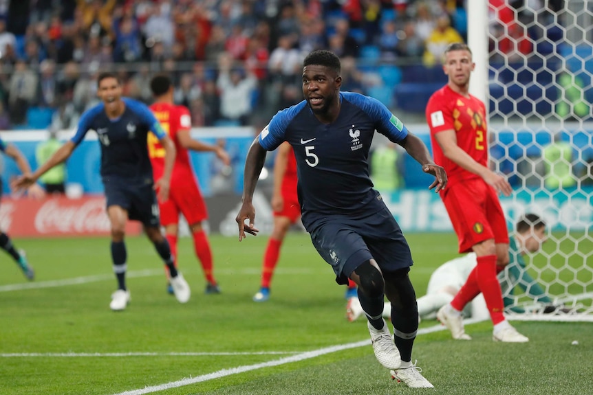 Samuel Umtiti celebrates France's goal against Belgium