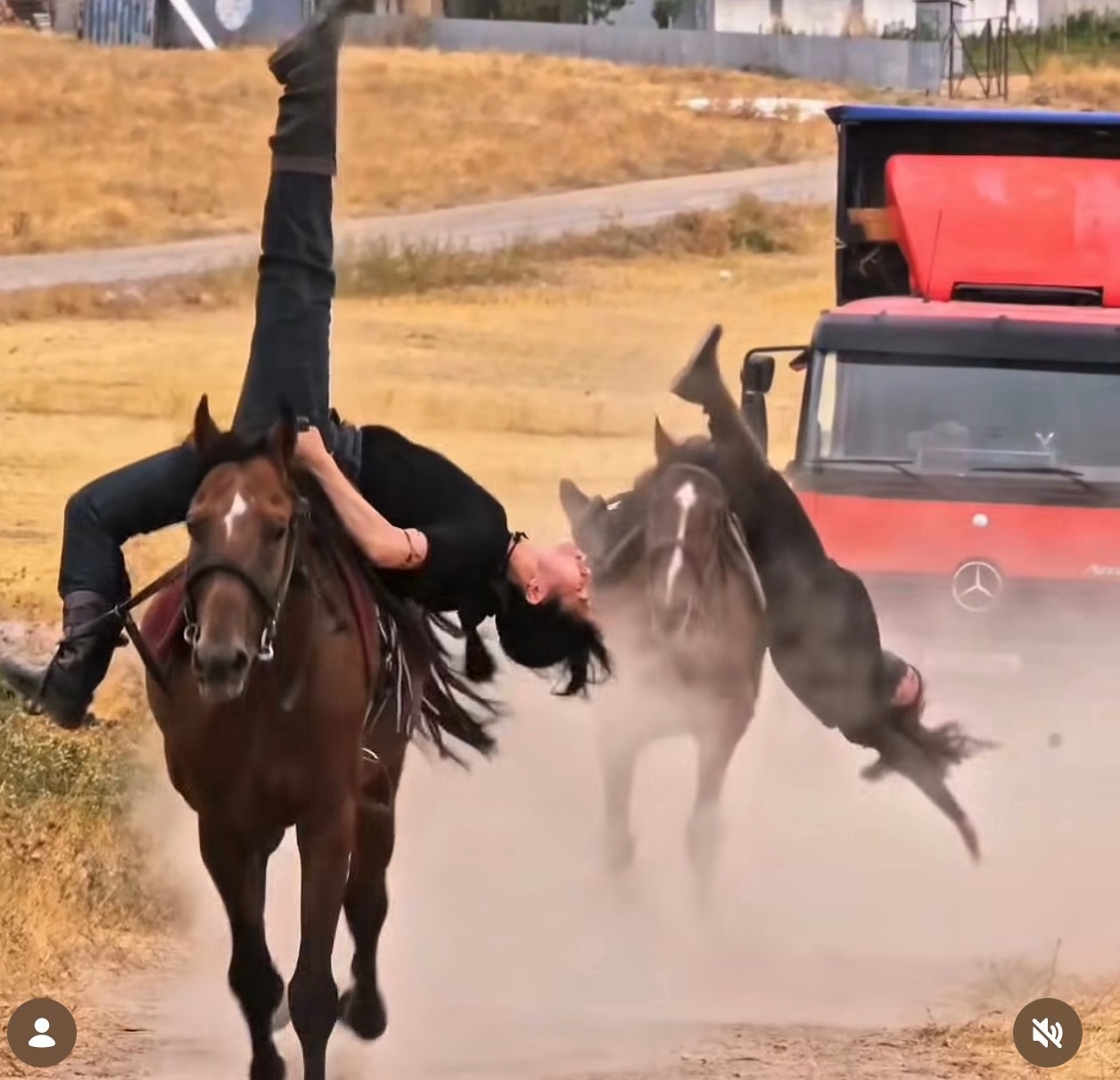two women upside down on horses.
