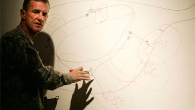 The top US commander in Afghanistan, Stanley McChrystal, talks troops through strategy at America's military base in Kandahar...