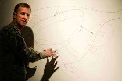 The top US commander in Afghanistan, Stanley McChrystal, talks troops through strategy at America's military base in Kandahar...