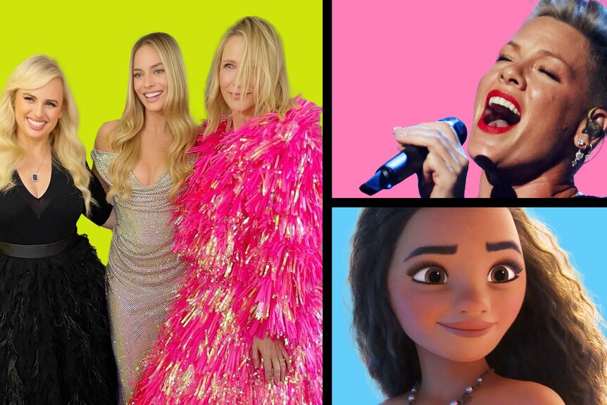 A composite image of three woman in ballgowns, a woman singing into a mic and Disney character Moana