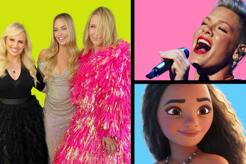 A composite image of three woman in ballgowns, a woman singing into a mic and Disney character Moana